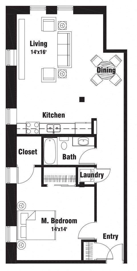 Floor plan for 1 bed, 1 bath, 866 sqft